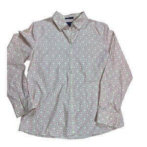 Lands End Women's No Iron Supima Yellow Pink Patterned Button Up Shirt Size 12